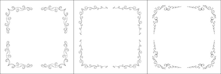 Set of three vector frames. Elegant black and white monochrome ornamental corners for greeting cards, banners, invitations. Vector frame for all sizes and formats. Isolated vector illustration.