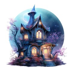 Fototapeta na wymiar Moonlight dark themed night elf fairytale fantasy fairy house.
