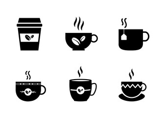 Coffee Cup icon set. tea, cup, hot drink, drink, hot, cafe, cappuccino, caffeine, mug, espresso, breakfast, morning, break, bean, steam, icons. Black solid icon collection. Vector illustration