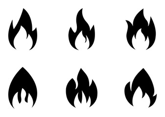 Fire icon set. flame, flames, burn, burning, heat, hot, danger, bonfire, campfire, fireball, kitchen, explosion, flaming, icons. Black solid icon collection. Vector illustration