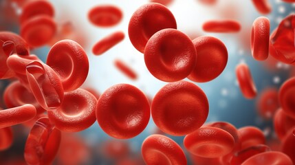 Fototapeta premium Red blood cells under microscope, scientific illustration, Blood Clot or thrombus blocking the red blood cells stream within an artery.red blood cells circulating in the blood vessels
