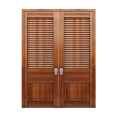 A wooden door designed with shutters or blinds, offering adjustable privacy and light, isolated on a transparent backdrop.