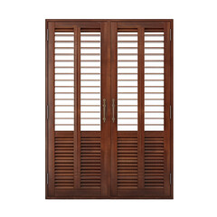 A wooden door designed with shutters or blinds, offering adjustable privacy and light, isolated on transparent background.