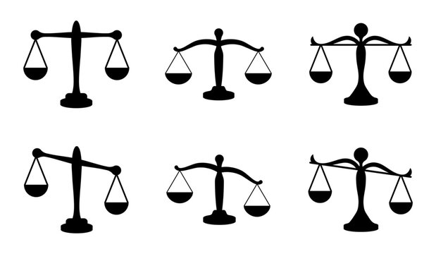 Scale icon set. balance, weight, justice, law, scales, legal, equal, measurement, judge, lawyer, court, icons. Black solid icon collection. Vector illustration