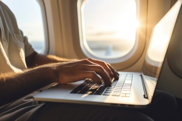 Close-up hand of a business man using a laptop while flying on an airplane near the window. - obrazy, fototapety, plakaty