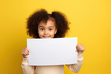 kid holding a blank placard sign poster paper in hands. empty space for editing and ads