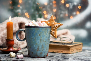 Warm marshmallow dessert beverage on Christmas decorated table