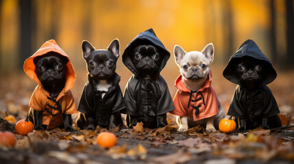 Spooky Pet Parade: Pets dressed in Halloween costumes could offer a cute and comedic relief. - obrazy, fototapety, plakaty