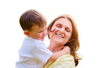 A mother woman plays with a child in nature holding him in her arms, isolated on white background. Toddler baby and mom play on the green grass in the summer park