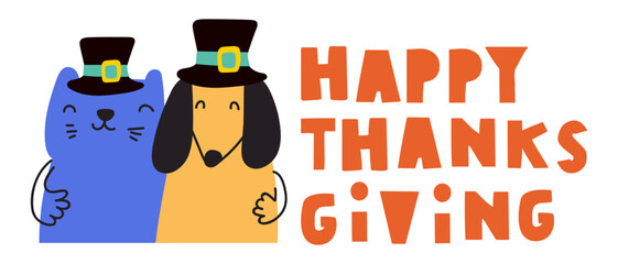 Best friends Dog and cat. Celebration of Thanksgiving day. Hand drawn vector illustration on white background.