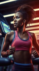 Fototapeta na wymiar Fitness Model - African-American Woman Working Out at the Gym. Fictional characters created by Generated AI.