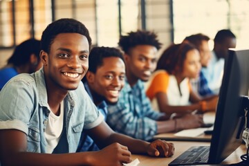 A classroom of smiling students working together on their laptop computers. Fictional characters created by Generated AI.