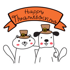 Cat and dog together celebrate Thanksgiving day. Vector illustration on white background.