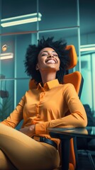 Obraz na płótnie Canvas Professional African American Woman Relaxing in an Office Chair. Fictional characters created by Generated AI.