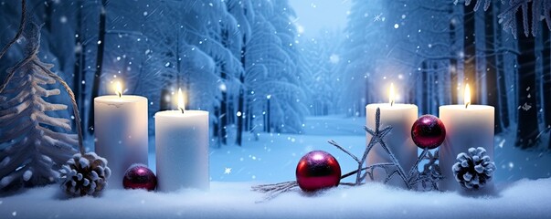 Winter Forest Landscape With Burning Candles Christmas Decoration.