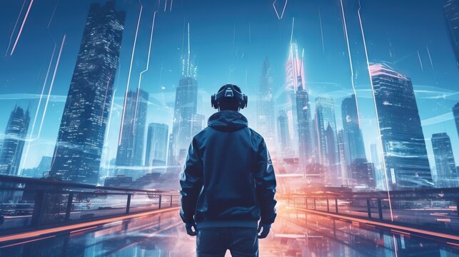 Double exposure photography of closeup VR gamer and the beautiful sci-fi city