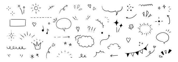 set of doodle line cute element. Crown, bubble, arrow, heart, star, etc.