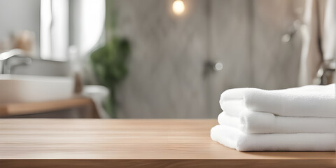 Wooden tabletop counter with a towel. in front of bright out of focus bathroom. copy space