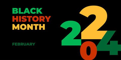 Black history month 2024 vector banner. Ornament with African colors and pattern. African-American History Month illustration for social media, card, poster on black background. - obrazy, fototapety, plakaty