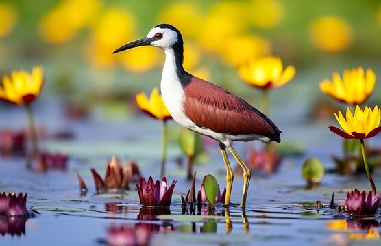Colorful African wader with long toes next to violet water lily in water.