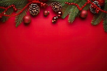 Christmas or New Year red background with fir decor.