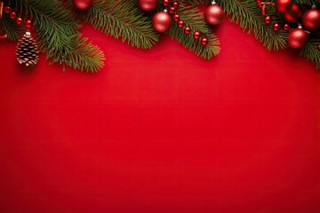 Christmas or New Year red background with fir decor.