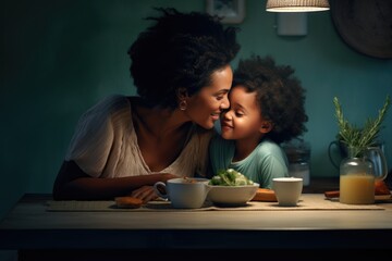 A mother and her child sitting together at the dining table. Fictional characters created by Generated AI. - obrazy, fototapety, plakaty