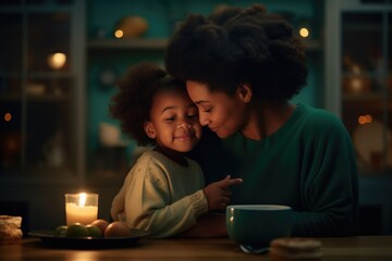 A mother and daughter sitting together at a dining table with a warm atmosphere.. Fictional characters created by Generated AI. - obrazy, fototapety, plakaty