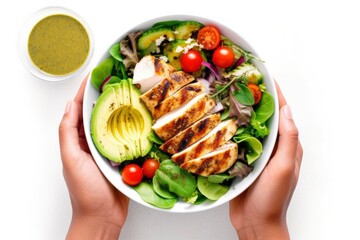 Grilled chicken meat and fresh vegetable salad of tomato, avocado, lettuce, and spinach.