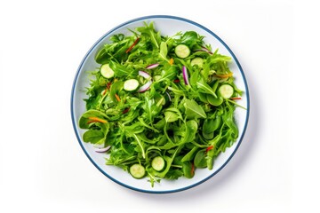 Healthy fresh green salad plate shot from above on white background.