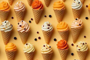 Incorporate a variety of waffle cones with different ice cream flavors. AI Generated