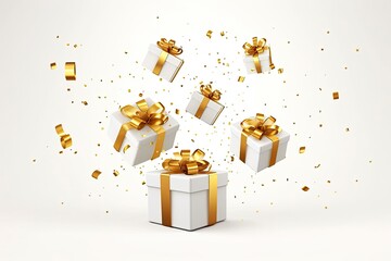 Merry New Year and Merry Christmas 2024 white gift boxes with golden bows and gold sequins confetti on white background.