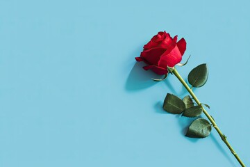 Red rose flower on blue background. Romantic Valentine's holiday concept.