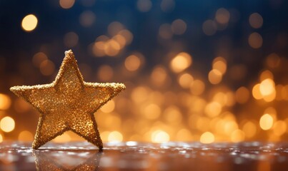 Sparkling Golden Christmas Star. Ornament Decoration Defocused Bokeh Background.