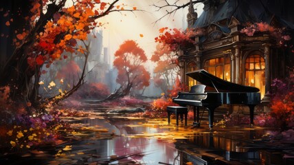 a piano in the autumn landscape