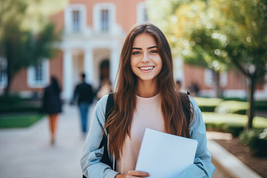 young college student with schoolbag holding folders in university