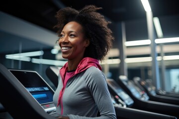A woman working out at a gym on a treadmill. Fictional characters created by Generated AI. - obrazy, fototapety, plakaty