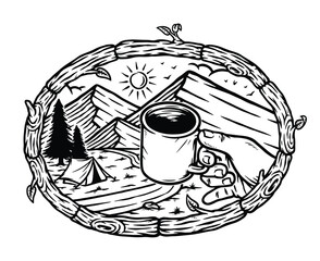 enjoying coffee in the mountains line illustration