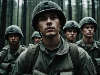 Fototapeta premium Group of young soldiers in military uniform in a forest