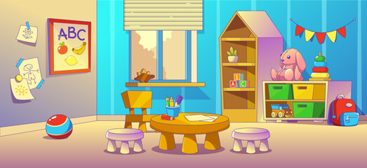Kindergarten nursery room for kid to play cartoon. School classroom and playground interior for children. 2d concept with table, chair, board, house shelf and indoor daycare inside kindergarden.