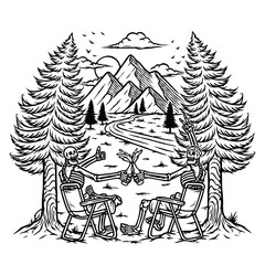 enjoying beer with friends in the mountains line illustration