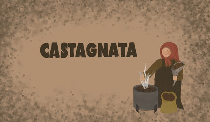 Chestnut party text with drawing of lady roasting chestnuts.