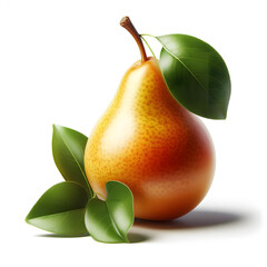 Pear fruit with green leaves isolated on white background