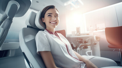 A smiling woman sitting in a dentist's chair. AI generative.