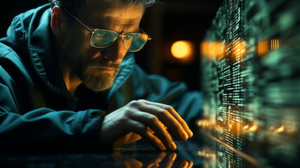 Hacker. Data Heist: Cinematic close-up of a hand rapidly typing, with lines of code reflecting in the man's glasses. - obrazy, fototapety, plakaty