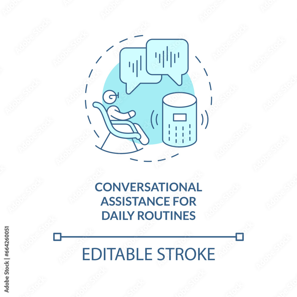 Poster 2d editable thin line icon conversational assistance for daily routines concept, isolated vector, bl