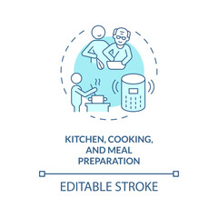 2D editable thin line icon kitchen cooking and meal preparation concept, isolated vector, blue illustration representing arena.