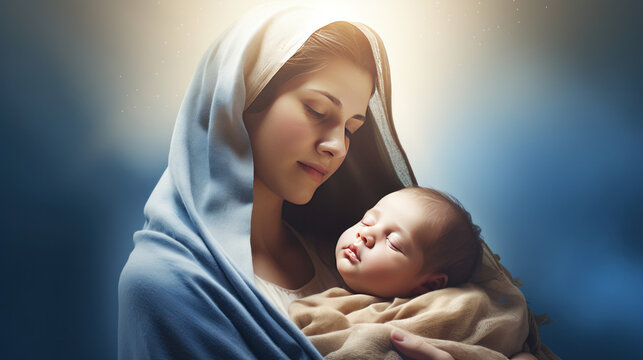 Holy Mary holding baby Jesus Christ in her arms. Graphic representation.