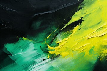 Abstract art with dark background and vibrant green and yellow splashes on canvas. Fragment of an acrylic painting. Generative AI
