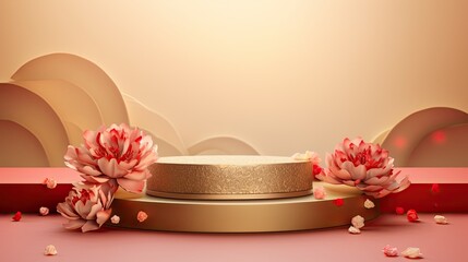Luxury gold Asian podium to display your product with flower AI Generative